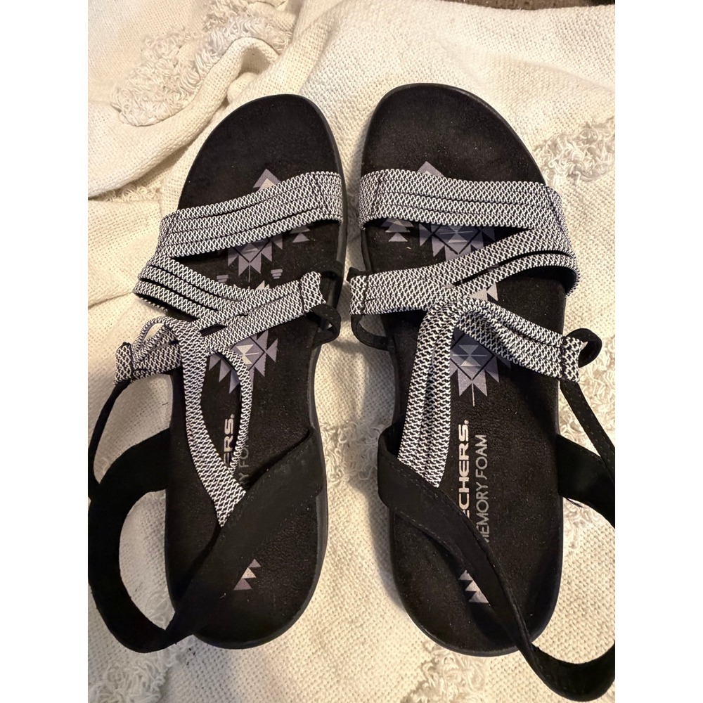 Skechers Reggae Slim Vacay Sandals Womens Black White Strappy Memory Foam 9.5in - Picture 3 of 5